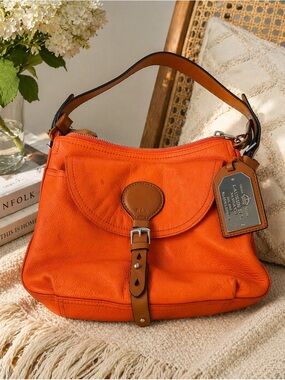 Lauren Ralph Lauren Orange Leather Shoulder Bag Buckle Flap Hobo Purse
